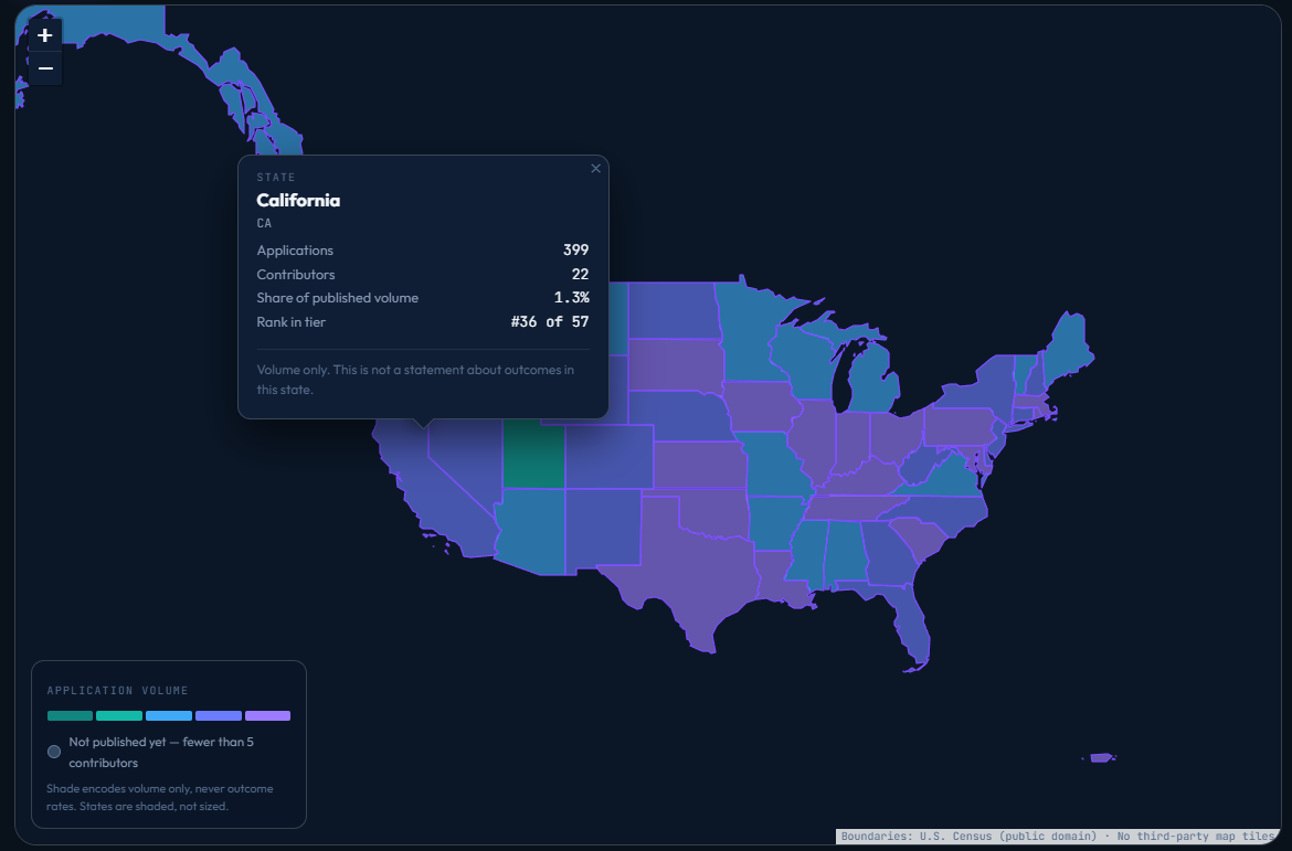 Illustration of the community map: every state grey, because nothing is published until five contributors agree.